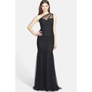 $360 Amsale One-Shoulder Tulle Mermaid GOWN BLACK WEDDING FROMAL PROM  8